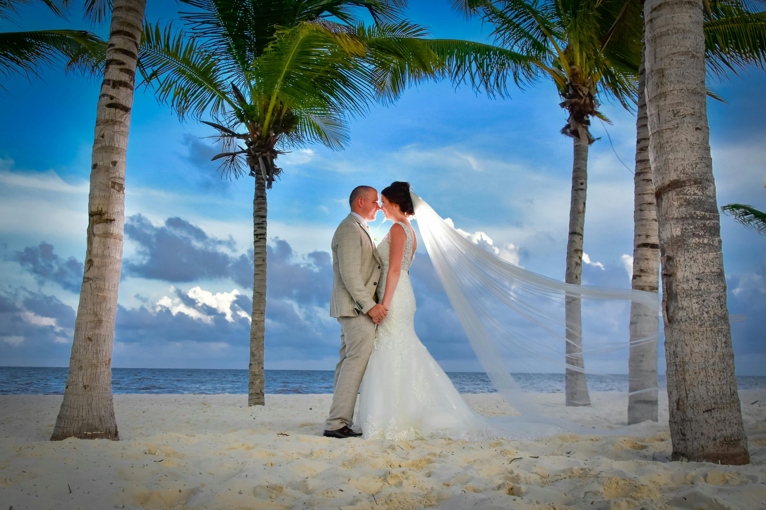 Bride and groom stand under palm trees on a sandy beach with a vibrant sky.