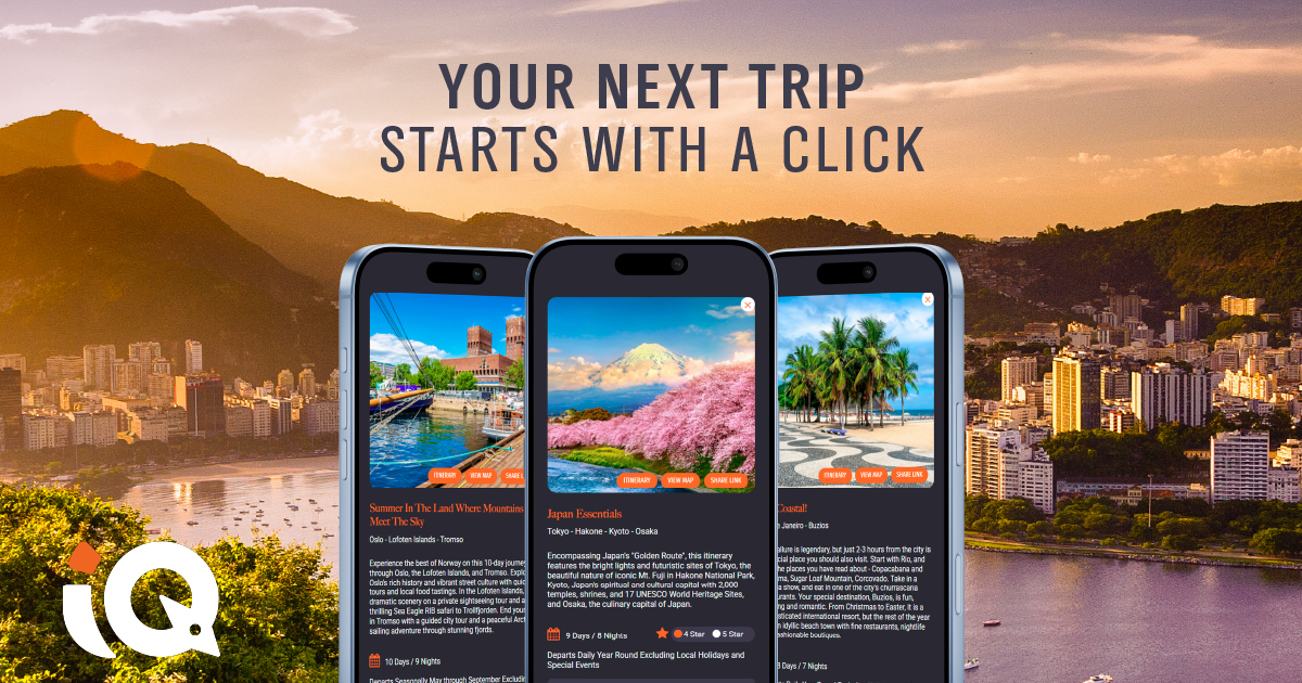 InstaQuote sample itineraries shown on three phones: Norway, Japan Essentials and Rio de Janeiro